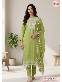 DEVRI - Green Mul Cotton Embroidered Unstitched Kurta with Pant and Dupatta