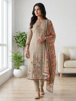 DEVRI - Beige Mul Chanderi Printed Unstitched Kurta with Pant and Dupatta