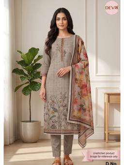 DEVRI - Beige Mul Chanderi Printed Unstitched Kurta with Pant and Dupatta