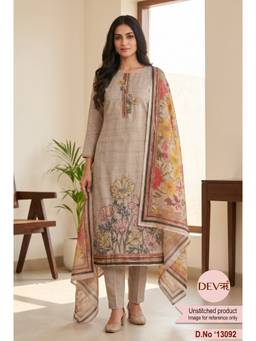 DEVRI - Beige Mul Chanderi Printed Unstitched Kurta with Pant and Dupatta
