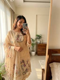 DEVRI - Beige Kota Printed Unstitched Kurta with Pant and Dupatta