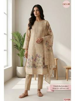 DEVRI - Beige Linen Cotton Printed Unstitched Kurta with Pant and Dupatta
