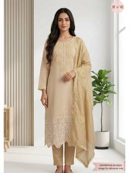 DEVRI - Beige Linen Cotton Embroidered Unstitched Kurta with Pant and Dupatta