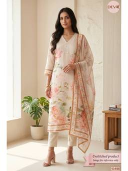 DEVRI - Cream Muslin Printed Unstitched Kurta with Pant and Dupatta
