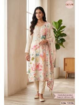 DEVRI - Cream Muslin Printed Unstitched Kurta with Pant and Dupatta