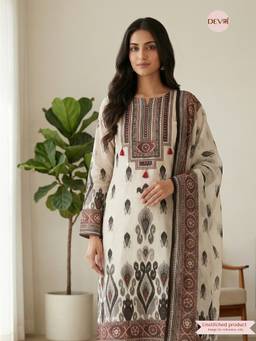 DEVRI - Off White Linen Cotton Printed Unstitched Kurta with Pant and Dupatta