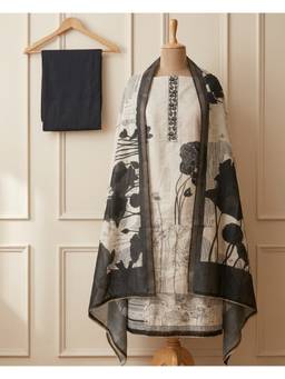 DEVRI - White Linen Printed Unstitched Kurta with Pant and Dupatta