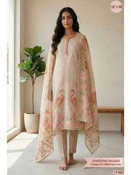 DEVRI - Beige Linen Cotton Printed Unstitched Kurta with Pant and Dupatta