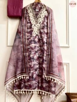 DEVRI - Wine Kota Zari Printed Unstitched Kurta with Pant and Dupatta
