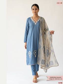 DEVRI - Blue Jamdani Cotton Hand Unstitched Kurta with Pant and Dupatta