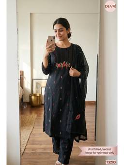 DEVRI - Black Handloom Cotton Embroidered Unstitched Kurta with Pant and Dupatta