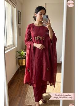 DEVRI - Maroon Embroidered Unstitched Kurta with Pant and Dupatta