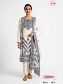 DEVRI - Off White Jamdani Cotton Printed Unstitched Kurta with Pant and Dupatta
