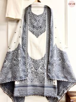 DEVRI - Off-White Jamdani Cotton Printed Unstitched Kurta with Pant and Dupatta