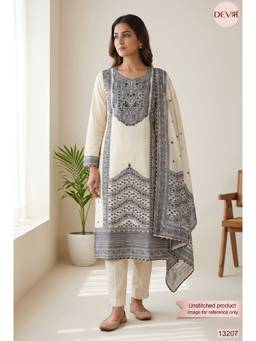 DEVRI - Off White Jamdani Cotton Printed Unstitched Kurta with Pant and Dupatta