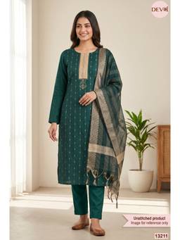DEVRI - Green Cotton Handloom Printed Unstitched Kurta with Pant and Dupatta