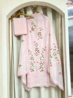 DEVRI - Pink Mul Chanderi Embroidered Unstitched Kurta with Pant and Dupatta
