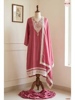 DEVRI - Wine Embroidered Semi-Stitched 3-Piece Dress Material