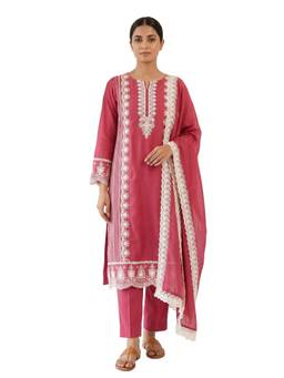 DEVRI - Pink Mul Cotton Embroidered Unstitched Kurta with Pant and Dupatta