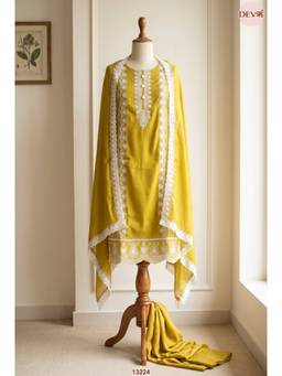 DEVRI - Mustard Mul Cotton Unstitched Kurta with Pant and Dupatta