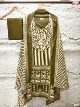 DEVRI - Olive Cotton Printed Unstitched Kurta with Pant and Dupatta