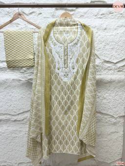 DEVRI - Olive Cotton Printed Unstitched Kurta with Pant and Dupatta