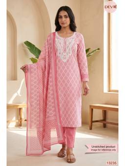 DEVRI - Pink Cotton Printed Unstitched Kurta with Pant and Dupatta