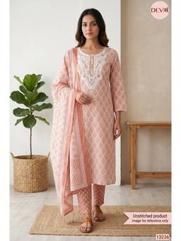 DEVRI - Peach Cotton Printed Unstitched Kurta with Pant and Dupatta