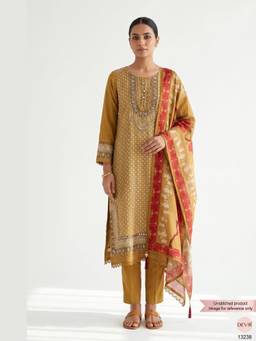 DEVRI - Mustard Muslin Printed Unstitched Kurta with Pant and Dupatta