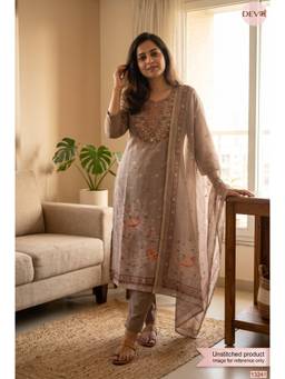 DEVRI - Taupe Kota Printed Unstitched Kurta with Pant and Dupatta