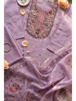 DEVRI - Lavender Kota Printed Unstitched Kurta with Pant and Dupatta