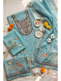 DEVRI - Blue Kota Printed Unstitched Kurta with Pant and Dupatta