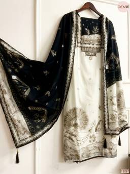 DEVRI - Cream Mul Cotton Printed Unstitched Kurta with Pant and Dupatta