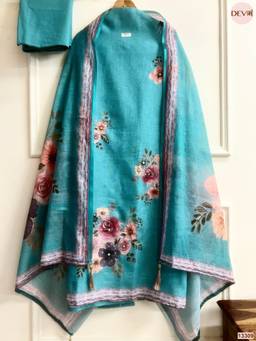 DEVRI - Teal Linen Cotton Printed Unstitched Kurta with Pant and Dupatta