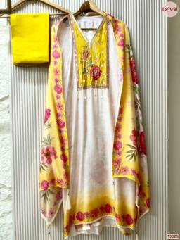 DEVRI - Off White Muslin Printed Unstitched Kurta with Pant and Dupatta