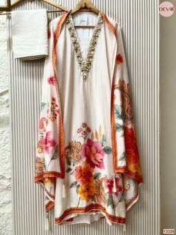 DEVRI - Off White Muslin Printed Unstitched Kurta with Pant and Dupatta