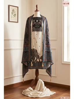 DEVRI - Cream Mul Cotton Printed Unstitched Kurta with Pant and Dupatta