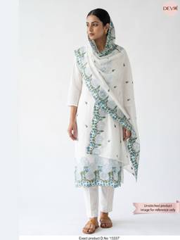 DEVRI - White Mul Chanderi Embroidered Unstitched Kurta with Pant and Dupatta