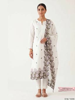 DEVRI - Off White Mul Chanderi Embroidered Unstitched Kurta with Pant and Dupatta