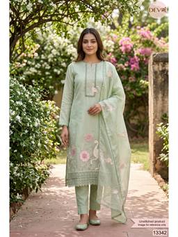 DEVRI - Green Kota Embroidered Unstitched Kurta with Pant and Dupatta