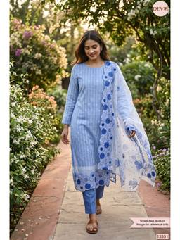 DEVRI - Blue Zari Kota Printed Unstitched Kurta with Pant and Dupatta
