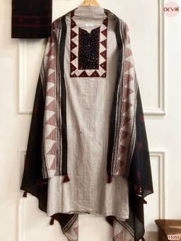DEVRI - Grey Cotton Semi-Stitched 3-Piece Dress Material