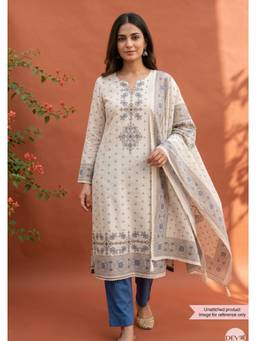 DEVRI - Off White Khadi Cotton Printed Unstitched Kurta with Pant and Dupatta