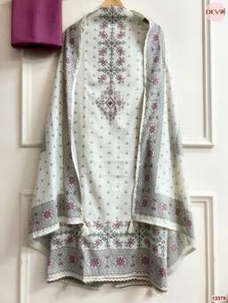 DEVRI - Off White Khadi Cotton Printed Unstitched Kurta with Pant and Dupatta