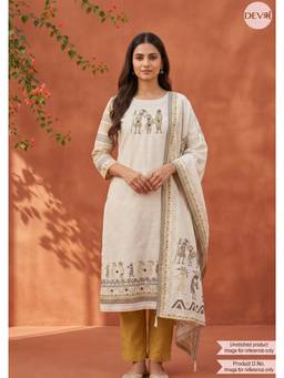 DEVRI - Off White Khadi Cotton Printed Unstitched Kurta with Pant and Dupatta