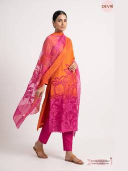 DEVRI - Orange Muslin Embroidered Unstitched Kurta with Pant and Dupatta