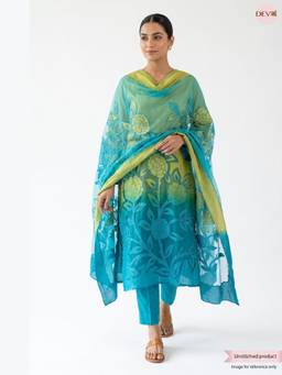 DEVRI - Mustard Muslin Embroidered Unstitched Kurta with Pant and Dupatta