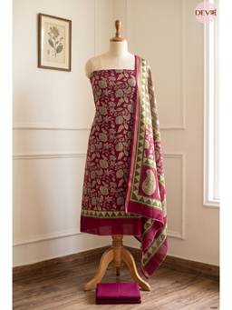 DEVRI - Magenta Maheshwari Silk Unstitched Kurta with Pant and Dupatta