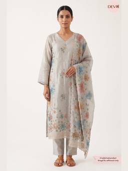 DEVRI - Cream Pure Tissue Crush Silk Embroidered Unstitched Kurta with Pant and Dupatta