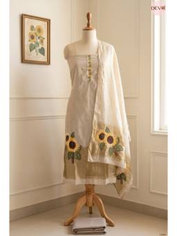 DEVRI - Beige Banarashi Silk Embroidered Unstitched Kurta with Pant and Dupatta